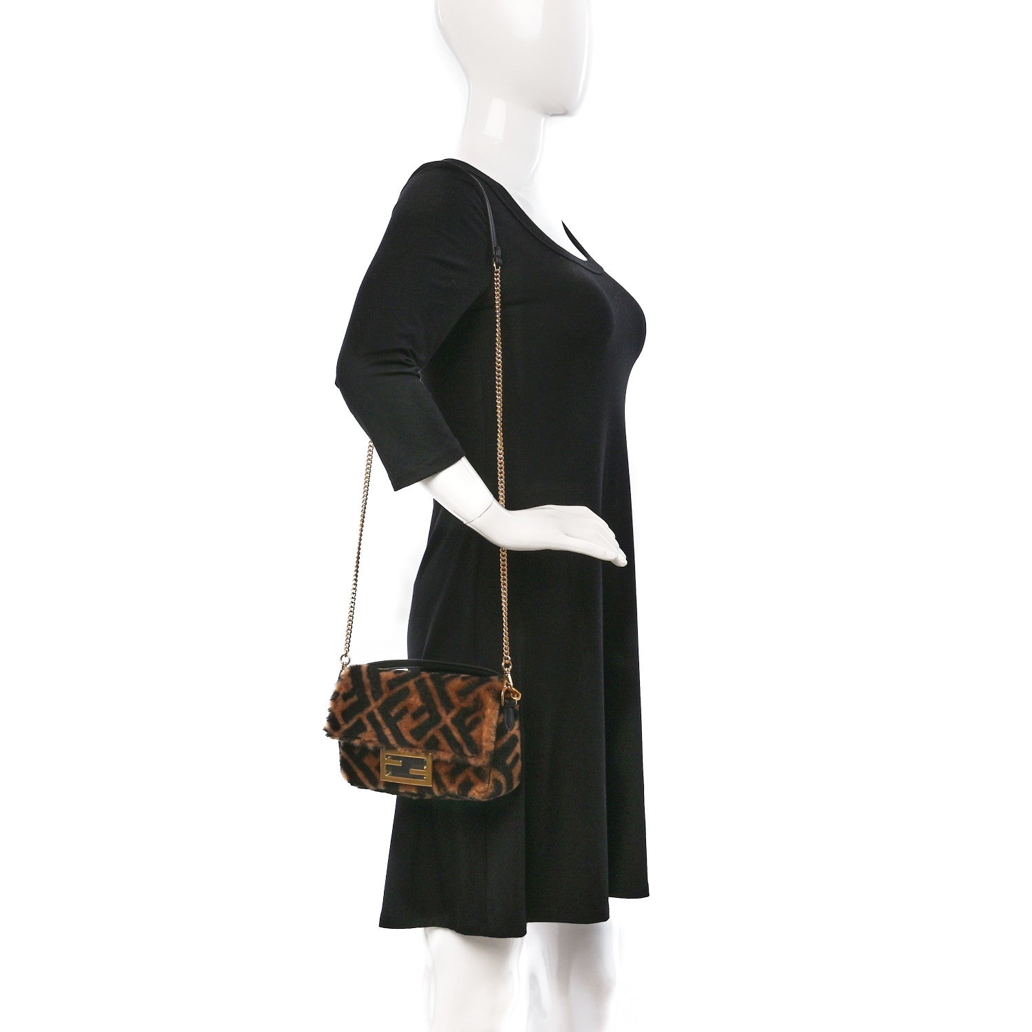 Fendi Shearling Vitello Dolce Macro FF 1974 Mini Baguette Tobacco Black 2 of 8