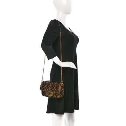 Fendi Shearling Vitello Dolce Macro FF 1974 Mini Baguette Tobacco Black 2 of 8