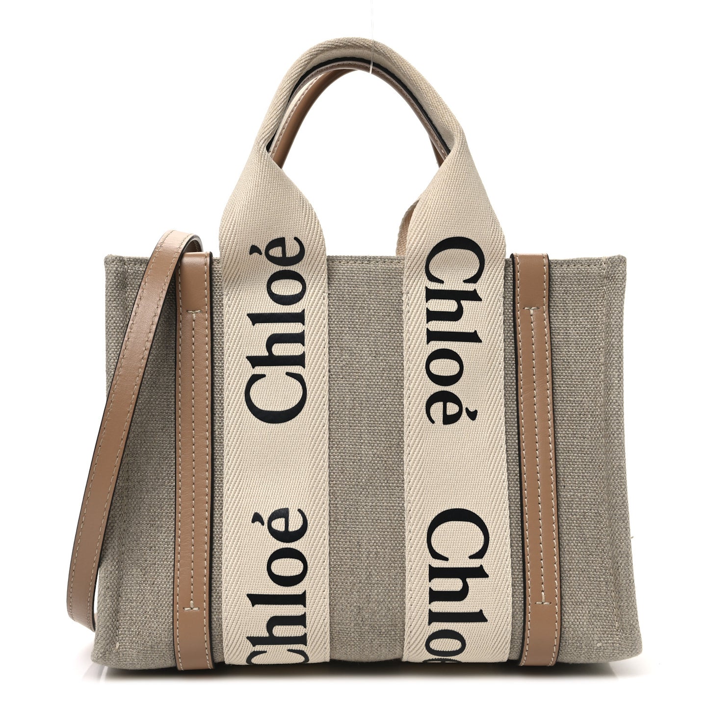 Linen Calfskin Small Woody Ribbon Tote With Strap White Light Brown