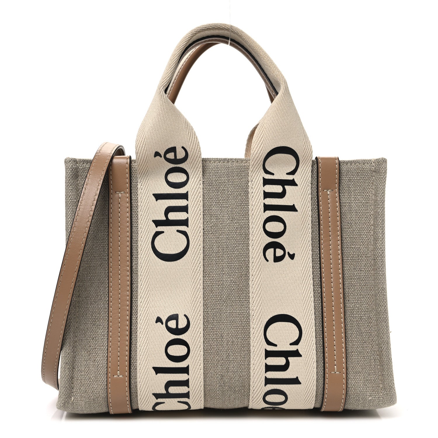 Chloe Linen Calfskin Small Woody Ribbon Tote With Strap White Light Brown 1 of 10