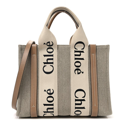 Chloe Linen Calfskin Small Woody Ribbon Tote With Strap White Light Brown 1 of 10