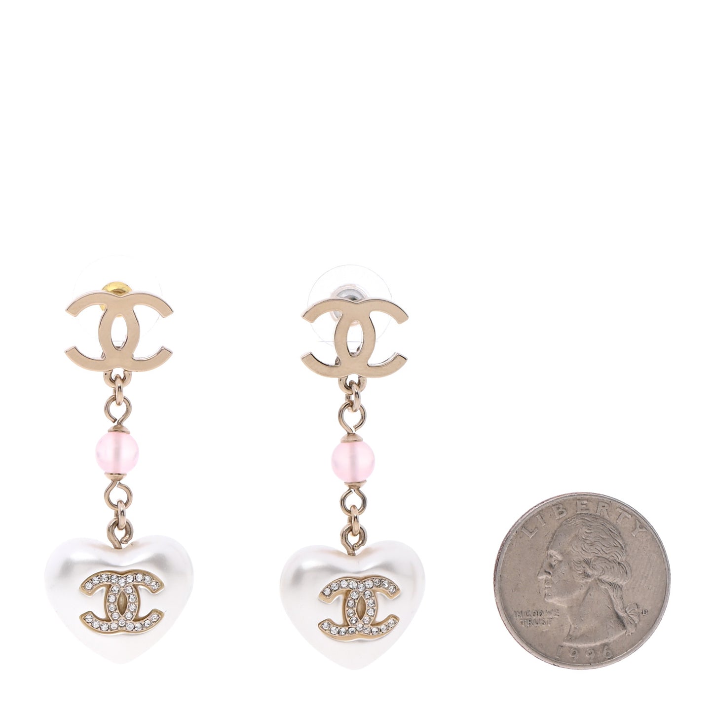 Metal Pearl Crystal Bead CC Heart Drop Earrings Pink Gold