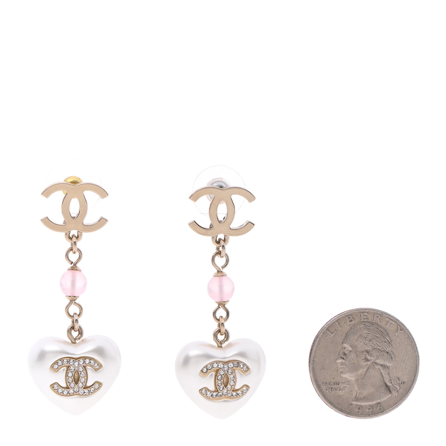 Chanel Metal Pearl Crystal Bead CC Heart Drop Earrings Pink Gold 2 of 4