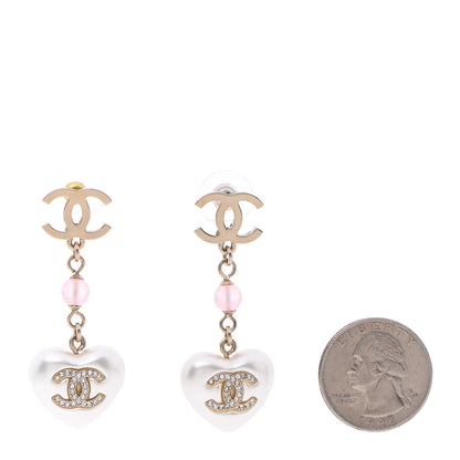 Chanel Metal Pearl Crystal Bead CC Heart Drop Earrings Pink Gold 2 of 4
