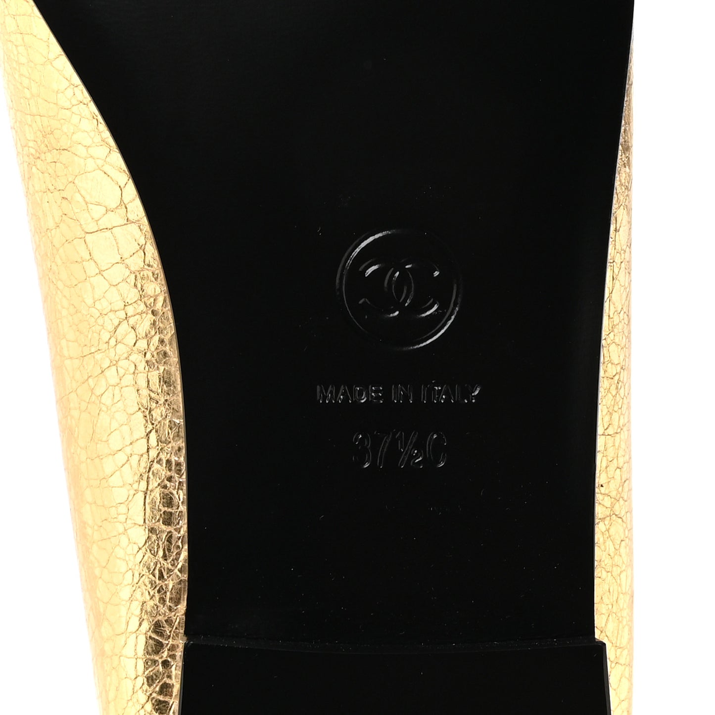 Metallic Crackled Laminated Calfskin CC Cap Toe Ballerina Flats 37.5 Gold Silver