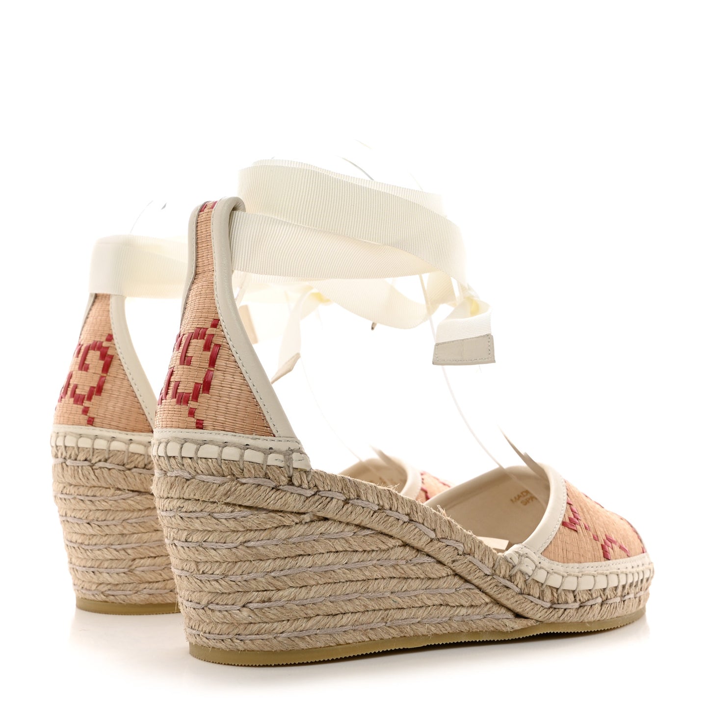 GG Raffia Monogram Ankle Wrap Platform Espadrille Wedge Sandals 37.5 Beige