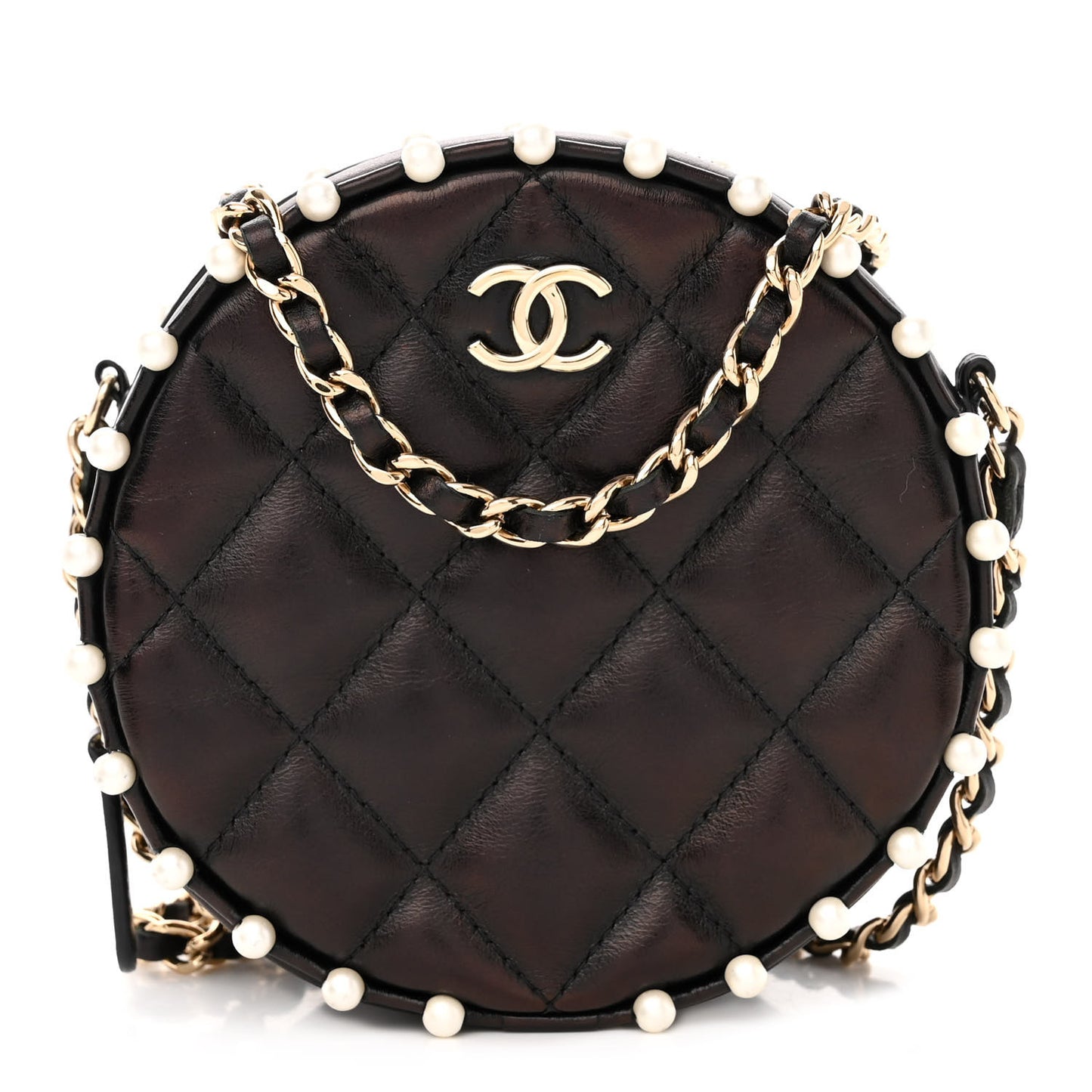 Calfskin Quilted Pearl Round Clutch With Chain Black