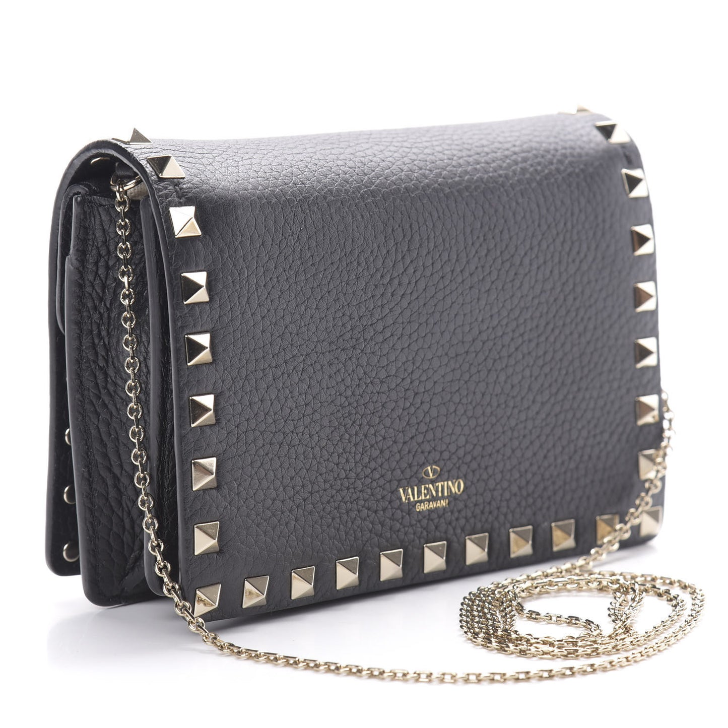 Pebbled Calfskin Rockstud Wallet on Chain Black