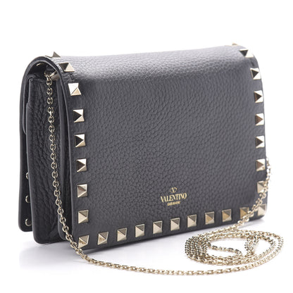 Valentino Garavani Pebbled Calfskin Rockstud Wallet on Chain Black 3 of 11