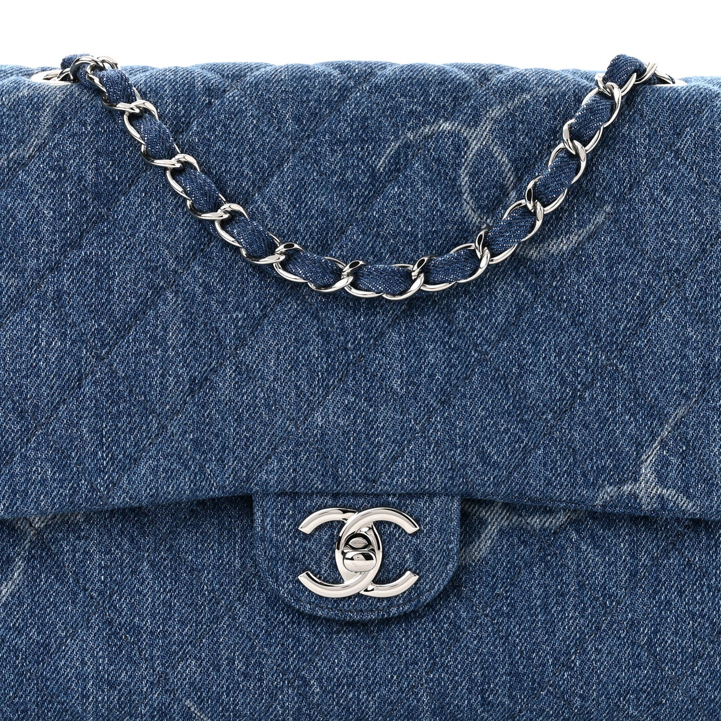 Denim Quilted CC Print Jumbo Single Flap Blue