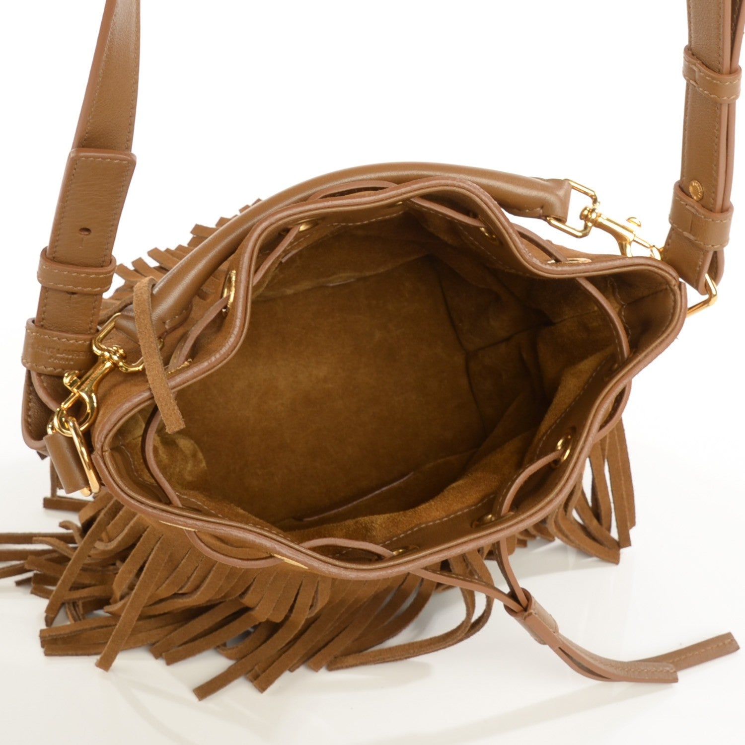 Saint Laurent Suede Calfskin Small Emmanuelle Fringe Bucket Bag Ocher 5 of 7