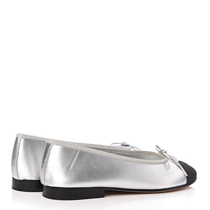 Chanel Laminated Lambskin Grosgrain Cap Toe CC Ballerina Flats 36 Silver Black 4 of 16