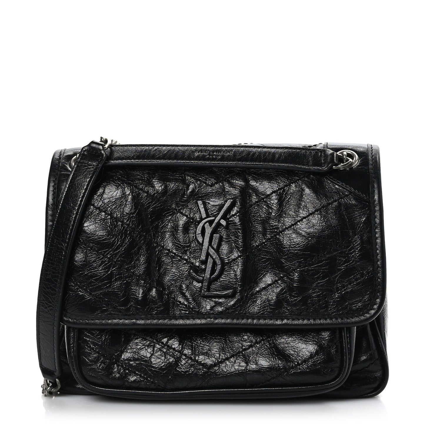 Crinkled Lambskin Matelasse Monogram Baby Niki Chain Satchel Black