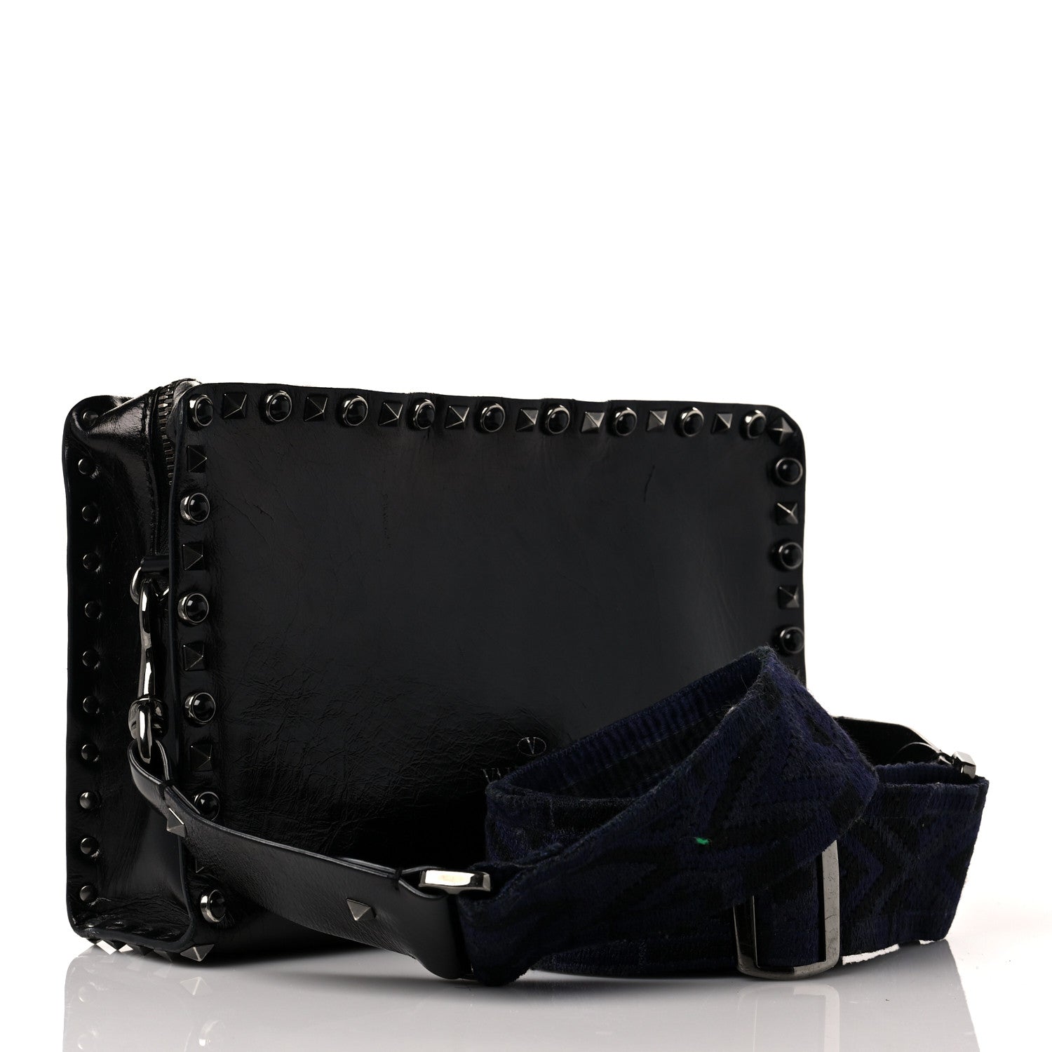 Valentino Garavani Craquele Calfskin Small Guitar Strap Rockstud Rolling Flap Pocket Shoulder Bag Black 2 of 9