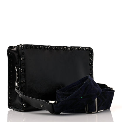 Valentino Garavani Craquele Calfskin Small Guitar Strap Rockstud Rolling Flap Pocket Shoulder Bag Black 2 of 9