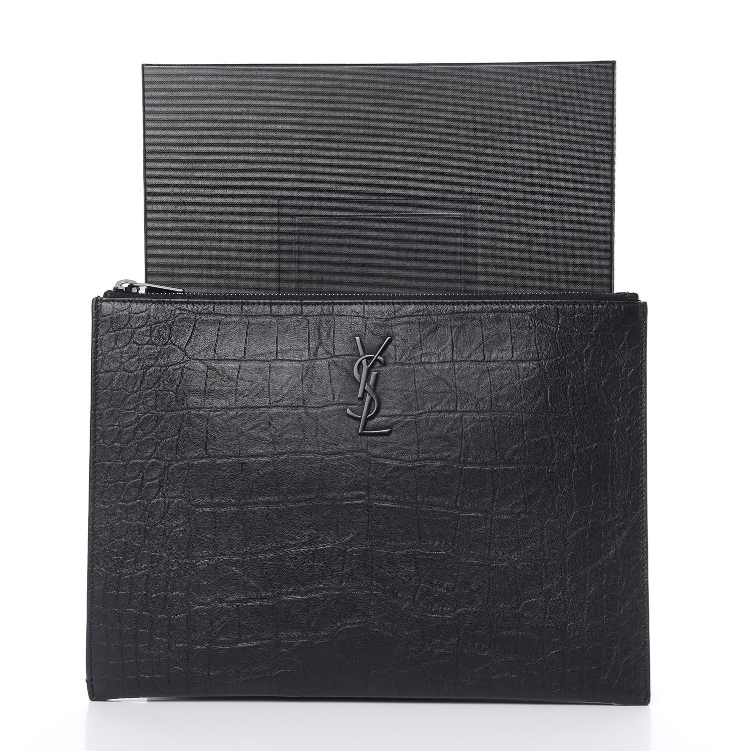 Saint Laurent Calfskin Crocodile Embossed Monogram iPad Case Black 11 of 12