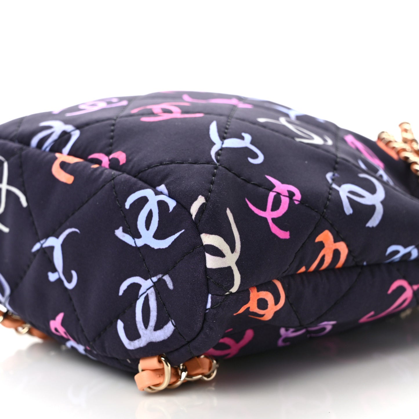 Printed Fabric Quilted Camellia Backpack Black Multicolor