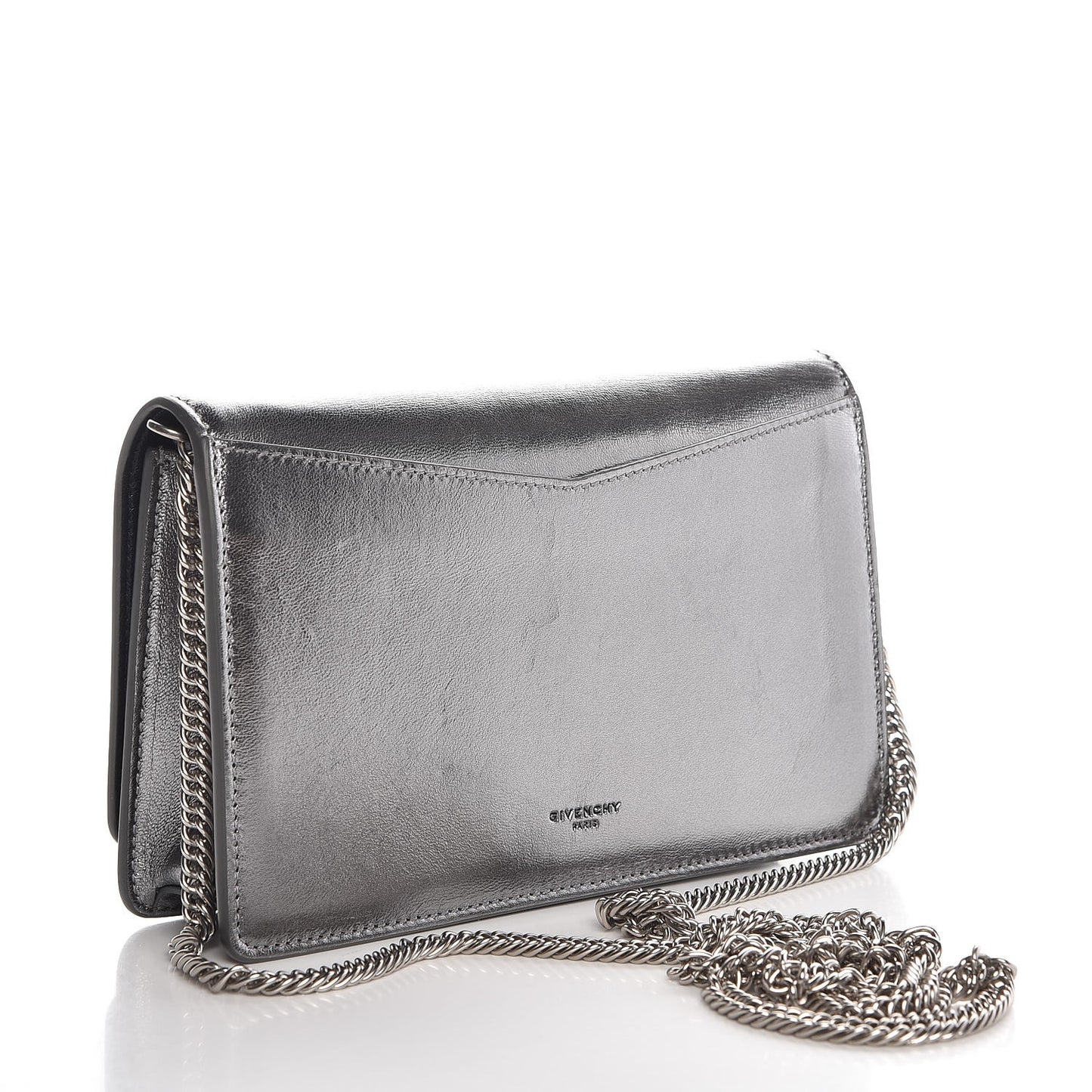 Metallic Lambskin Emblem Chain Wallet Silver