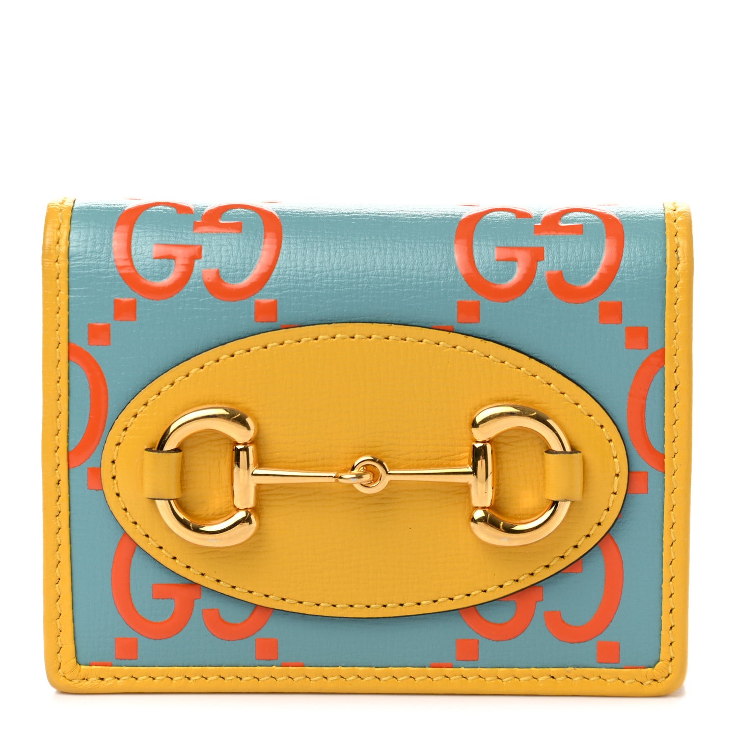 Azalea Calfskin GG Monogram Bi-Color Debossed Horsebit 1955 Card Case Wallet Dusty Azure Stone Topaz Deep Orange