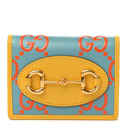 Gucci Azalea Calfskin GG Monogram Bi-Color Debossed Horsebit 1955 Card Case Wallet Dusty Azure Stone Topaz Deep Orange 1 of 8