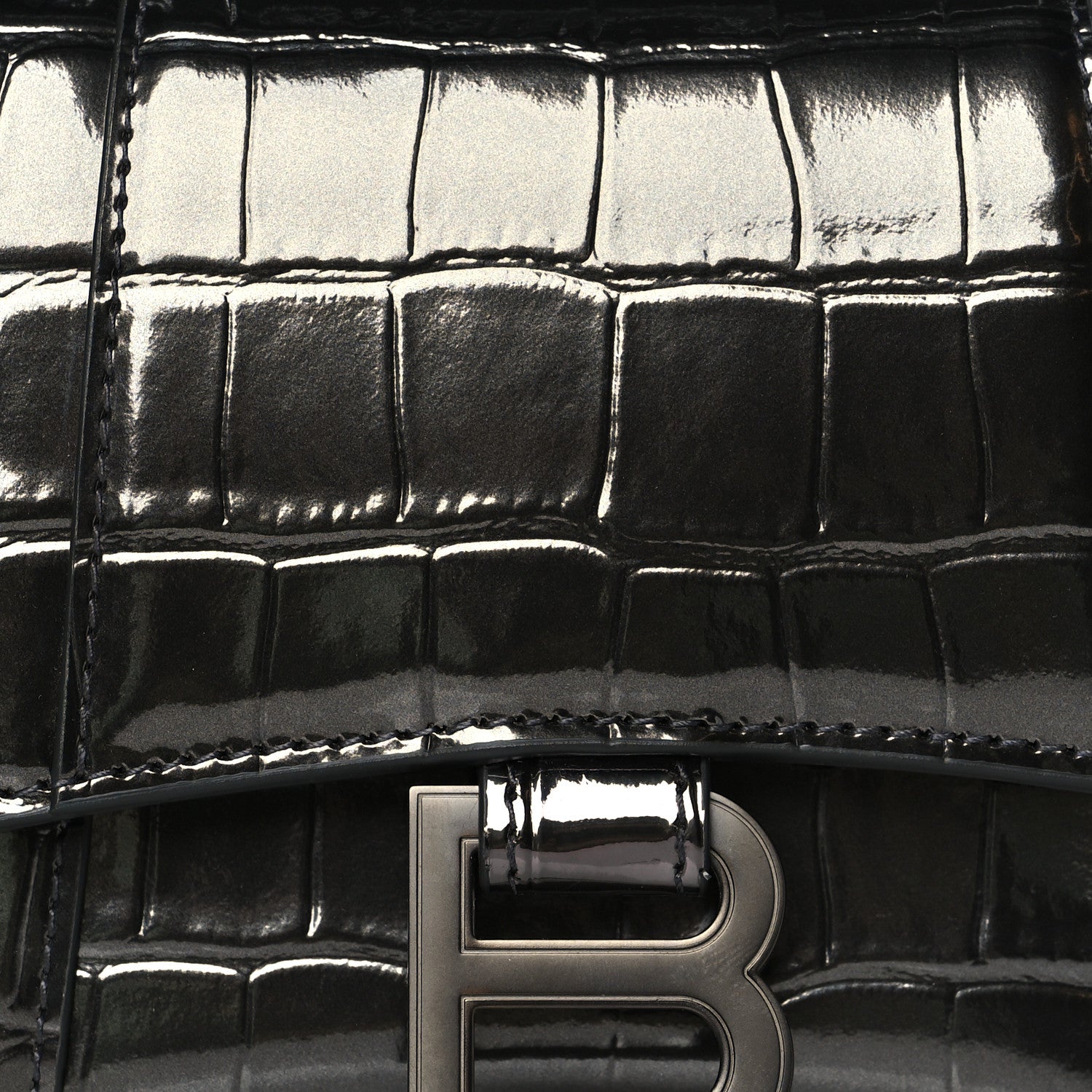 Balenciaga Shiny Calfskin Crocodile Embossed Hourglass Top Handle Bag XS Gunmetal 7 of 9