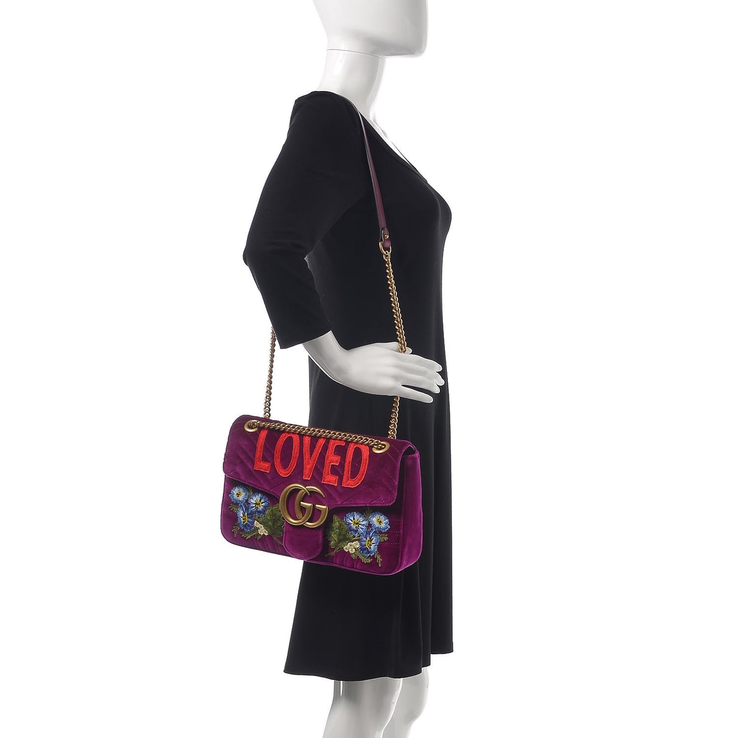 Velvet Matelasse Loved Embroidered Medium GG Marmont Shoulder Bag Fuchsia Violet Cyclamen