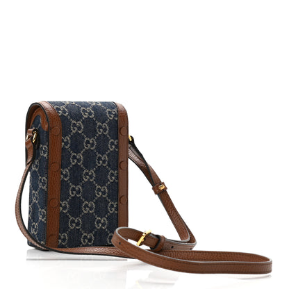 Gucci New Denim GG Monogram Dollar Calfskin Mini Horsebit 1955 Crossbody Bag Blue Tea Cuir Epilog 3 of 10
