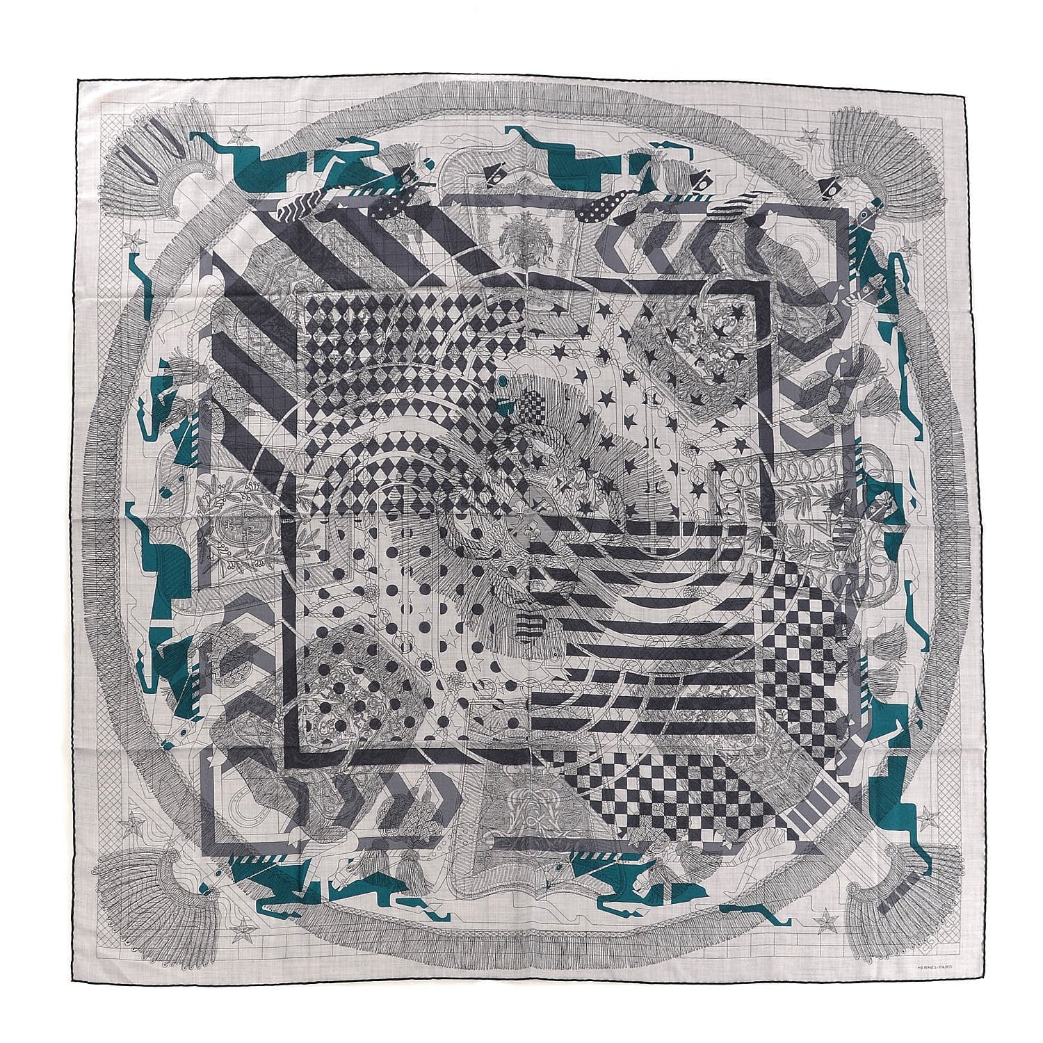 Hermes Cashmere Silk Imprimeur Fou Steeple Poste Shawl 140 Gris Clair Chine Anthracite Turquoise 1 of 4