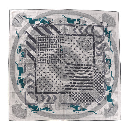 Hermes Cashmere Silk Imprimeur Fou Steeple Poste Shawl 140 Gris Clair Chine Anthracite Turquoise 1 of 4