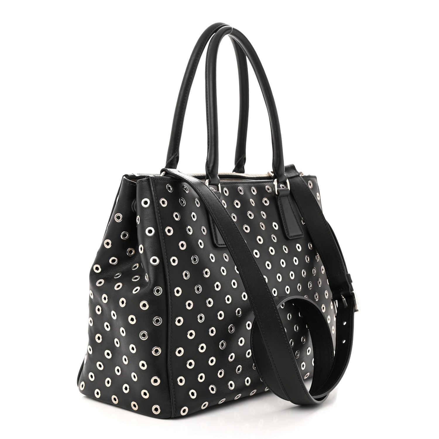 Prada City Calf Grommet Large Double Zip Tote Black 3 of 12