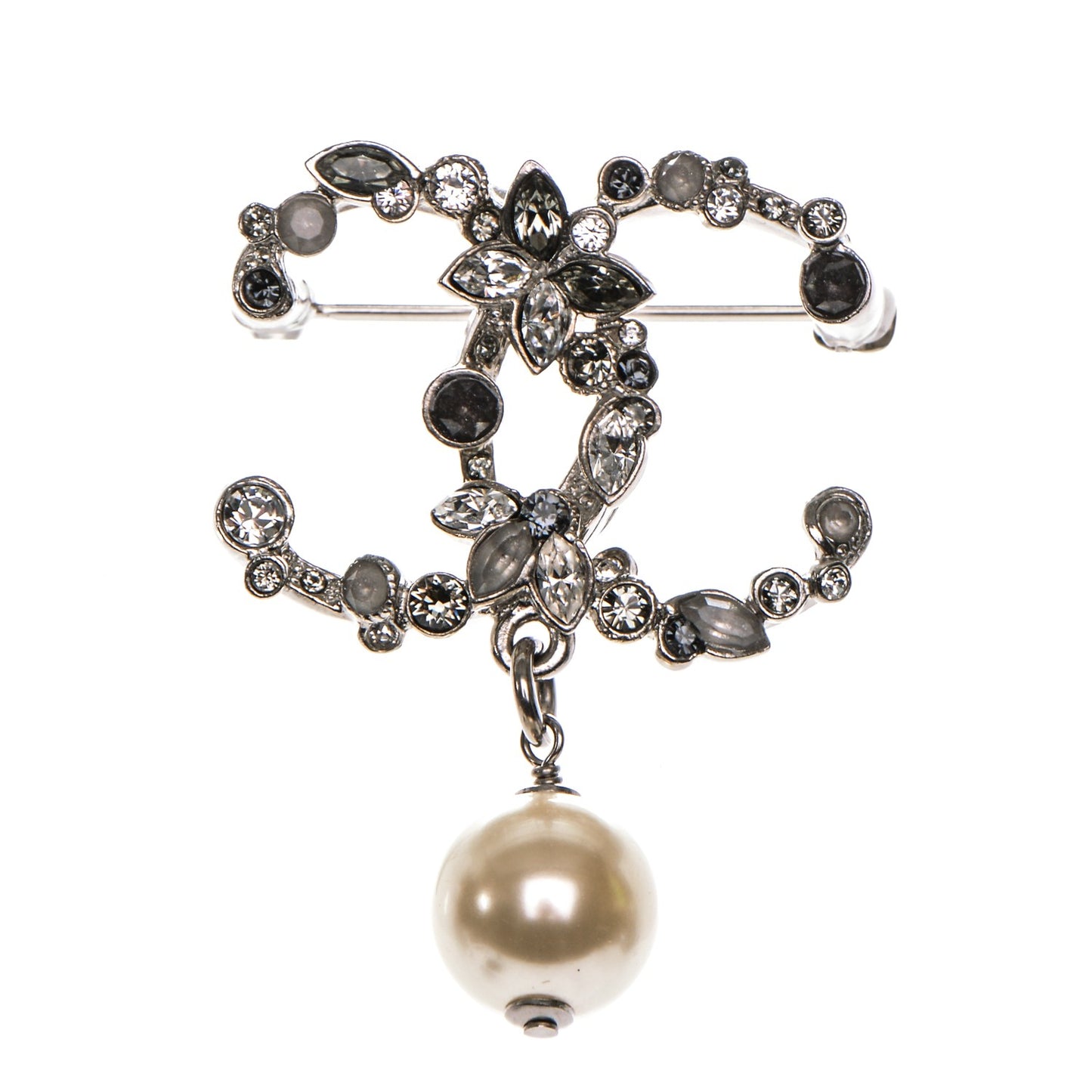 Crystal Pearl Drop CC Brooch Silver