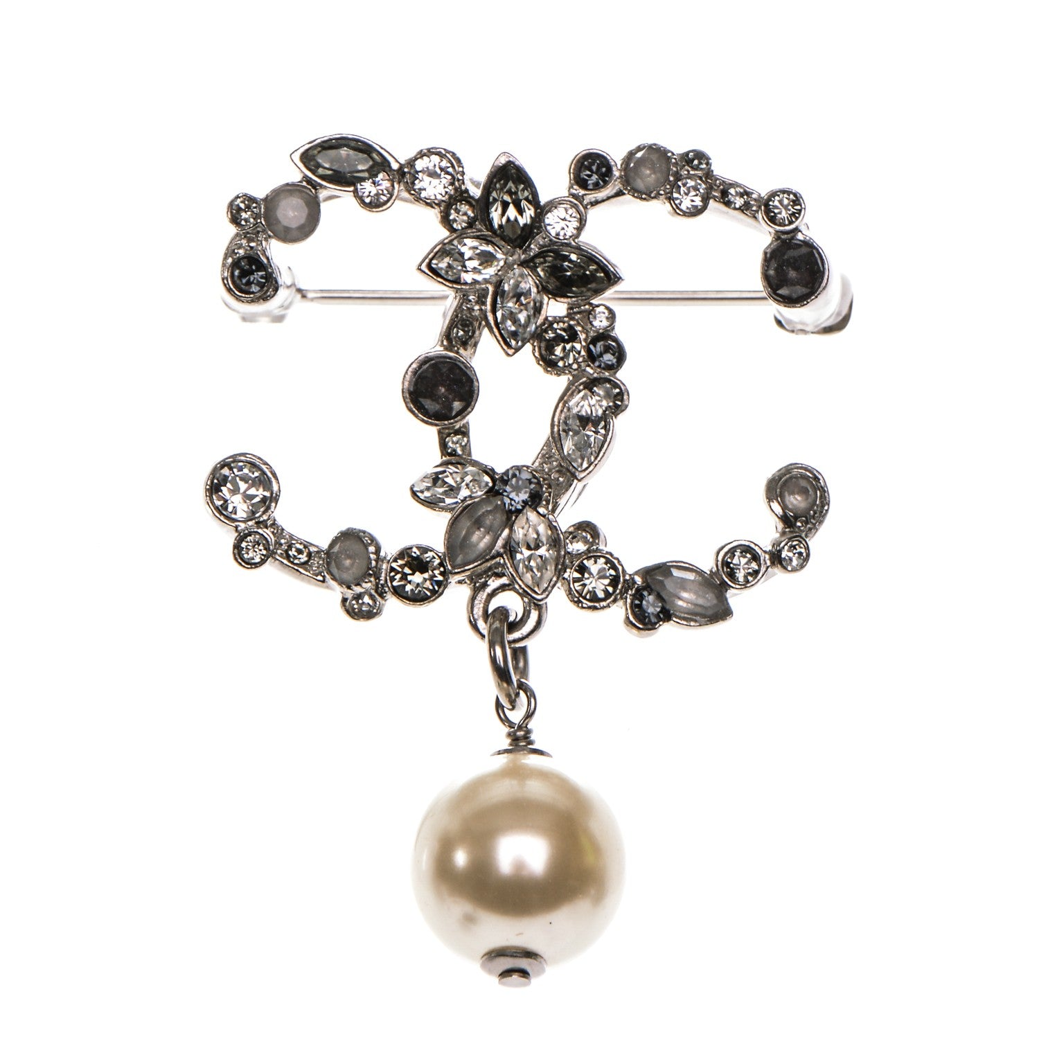 Chanel Crystal Pearl Drop CC Brooch Silver 1 of 4