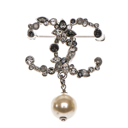 Chanel Crystal Pearl Drop CC Brooch Silver 1 of 4
