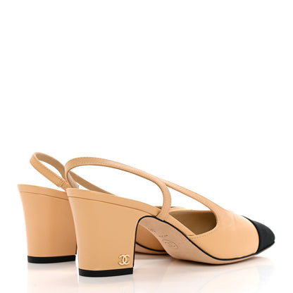Chanel Goatskin Grosgrain Cap Toe CC Slingback Pumps 36 Beige Black 4 of 9