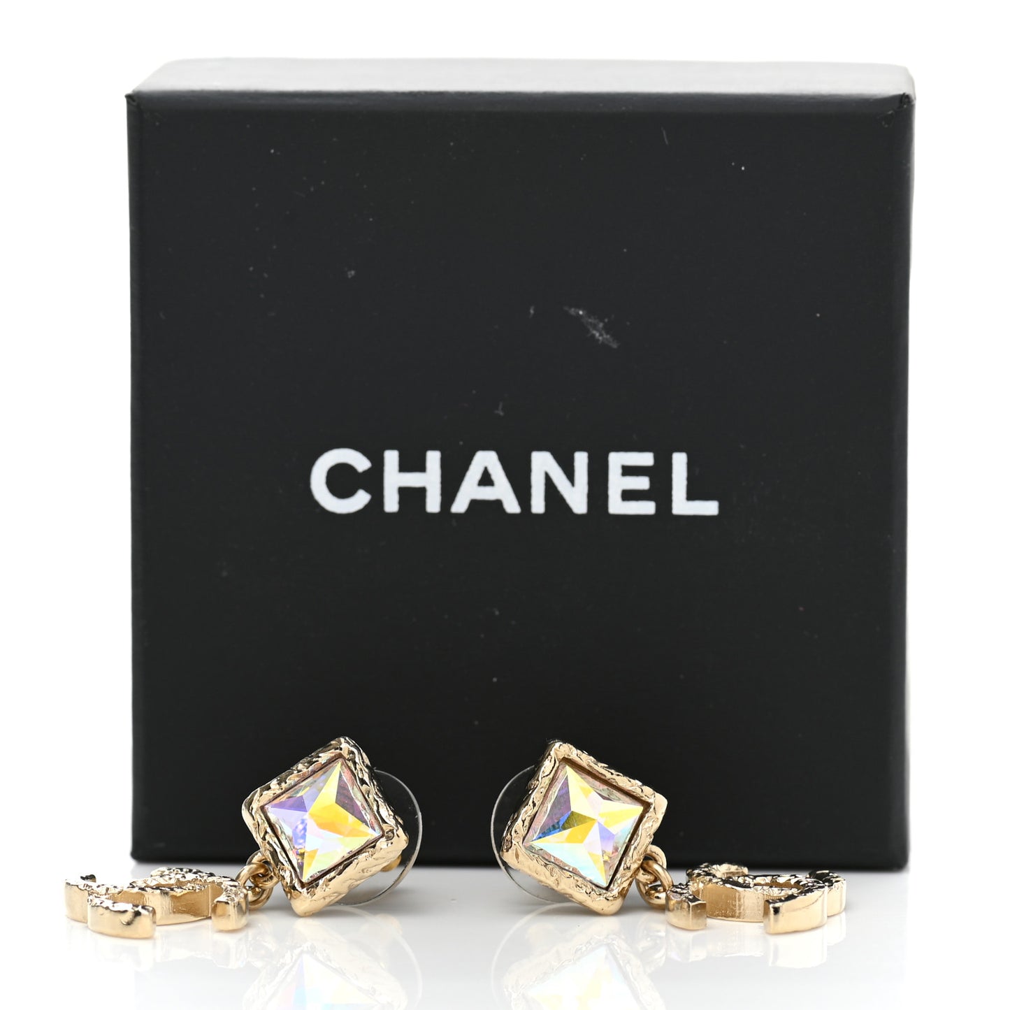 Iridescent Baguette Crystal CC Drop Earrings Gold