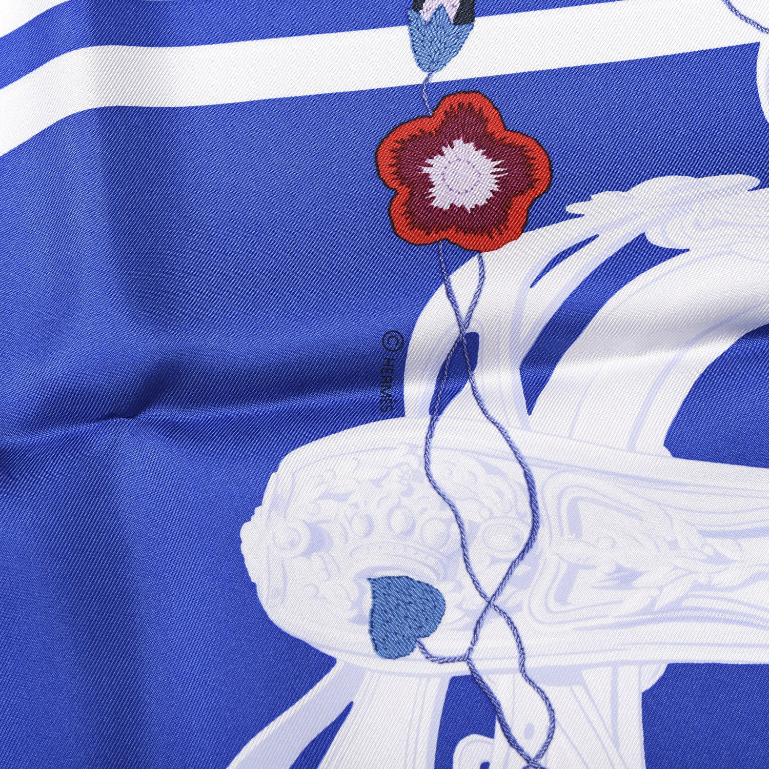 Hermes Silk Brides Fleuries Scarf 90 Bleu Roy White Rouge 4 of 6