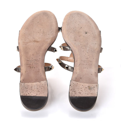 Valentino Garavani Metallic Pebbled Calfskin Rockstud Caged Flat Slide Sandals 38.5 Sasso 7 of 10