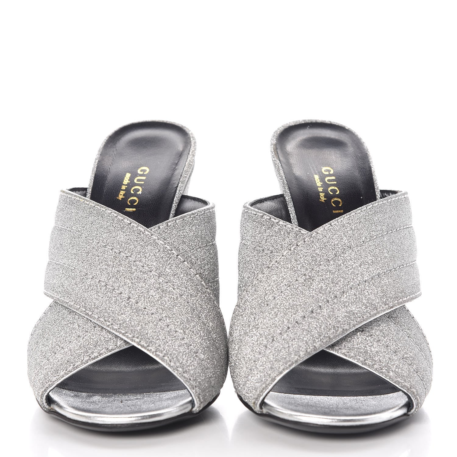 Gucci Glitter Fabric Webby Crossover High Heel Slide Sandals 35.5 Argento 2 of 9