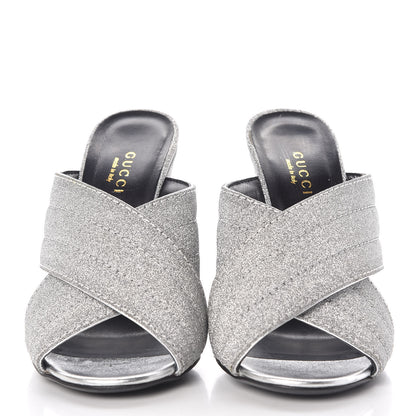 Gucci Glitter Fabric Webby Crossover High Heel Slide Sandals 35.5 Argento 2 of 9