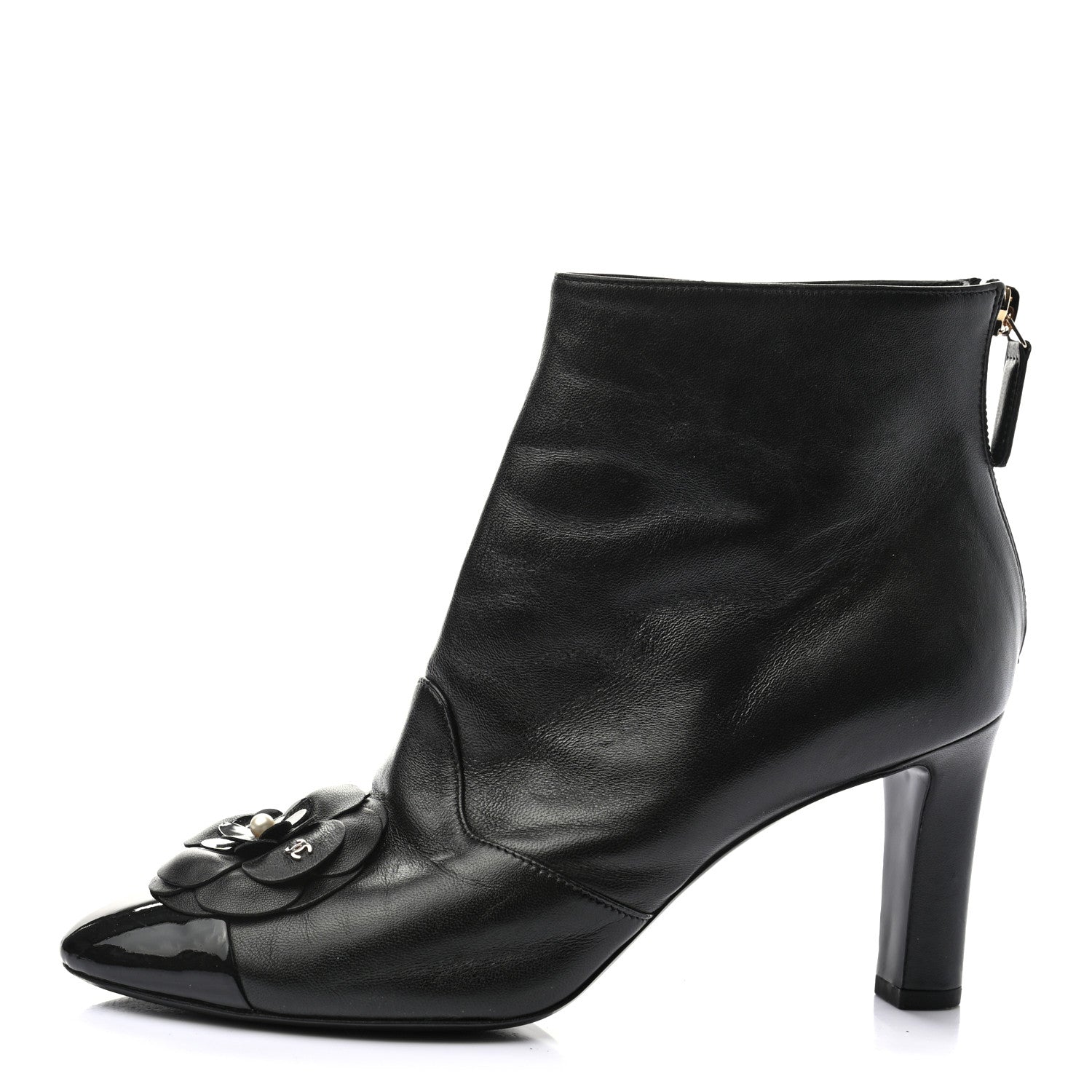 Chanel Lambskin Patent Cap Toe Pearl Camellia CC Short Boot 37.5 Black 1 of 8