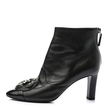 Chanel Lambskin Patent Cap Toe Pearl Camellia CC Short Boot 37.5 Black 1 of 8