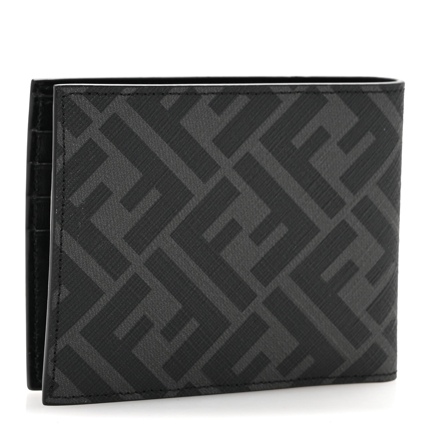 Fendi Glazed Fabric Vitello King FF 1974 Diagonal Bi-Fold Wallet Grey Black Sunflower 3 of 10