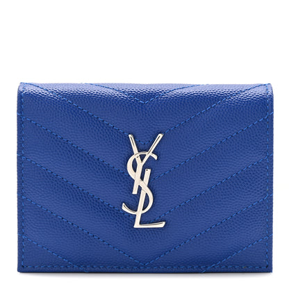 Saint Laurent Grain De Poudre Matelasse Chevron Monogram Flap Card Case Blue Gitano 1 of 11