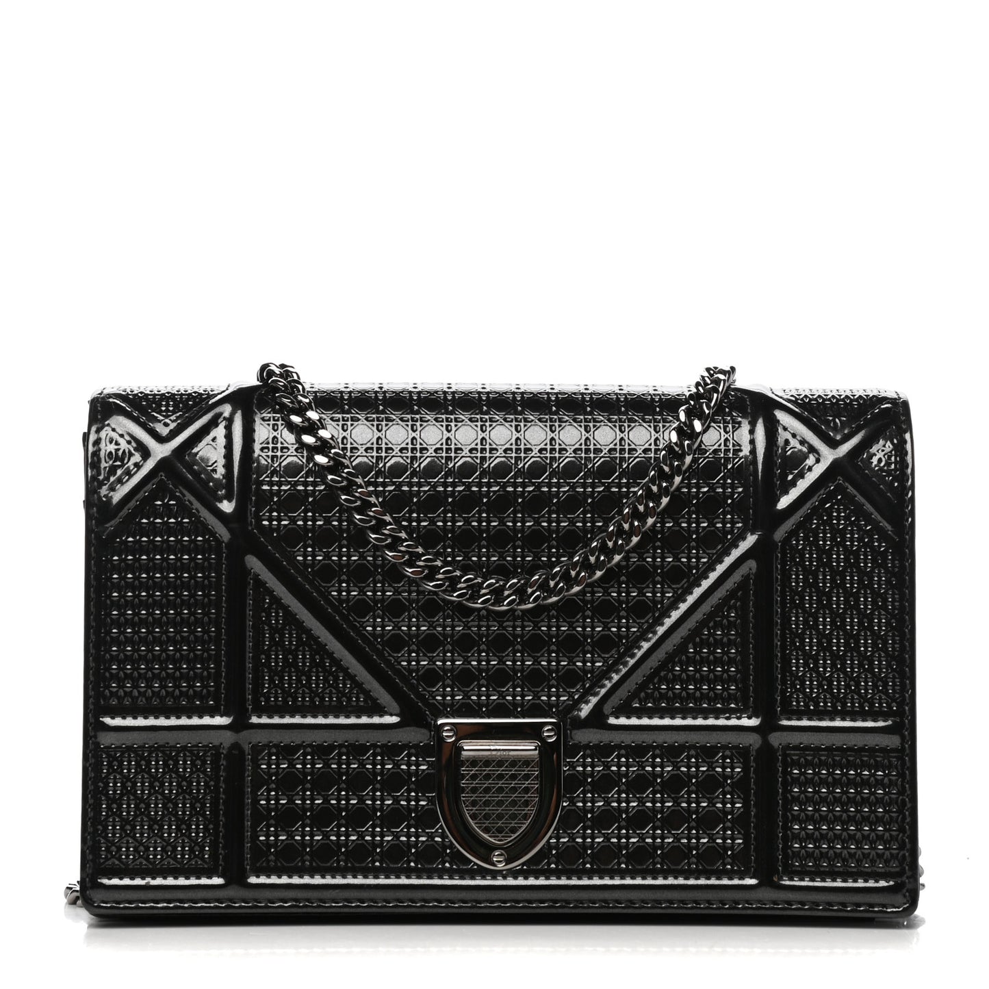 Metallic Patent Micro-Cannage Diorama Wallet on Chain Pouch Onyx Black