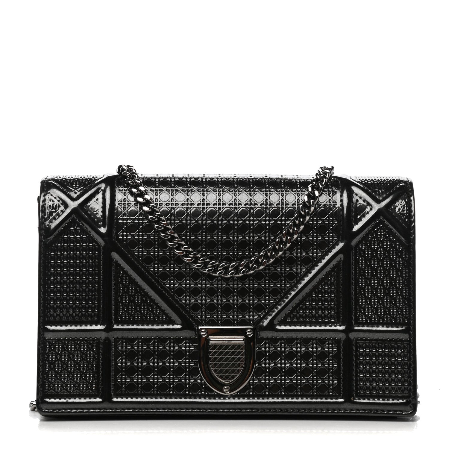 Christian Dior Metallic Patent Micro-Cannage Diorama Wallet on Chain Pouch Onyx Black 1 of 11
