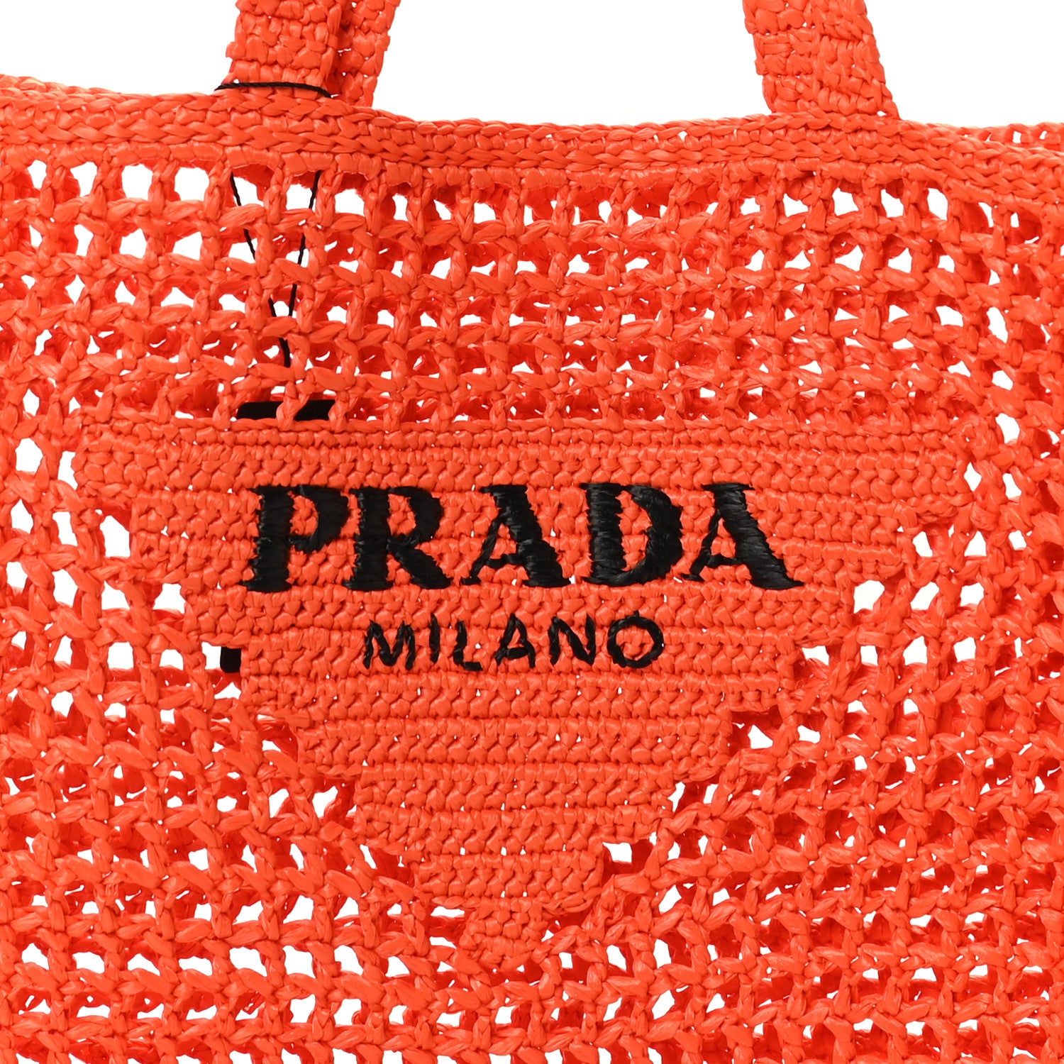 Prada Yarn Raffia Effect Crochet Logo Embroidered Tote Bag Arancio 7 of 9
