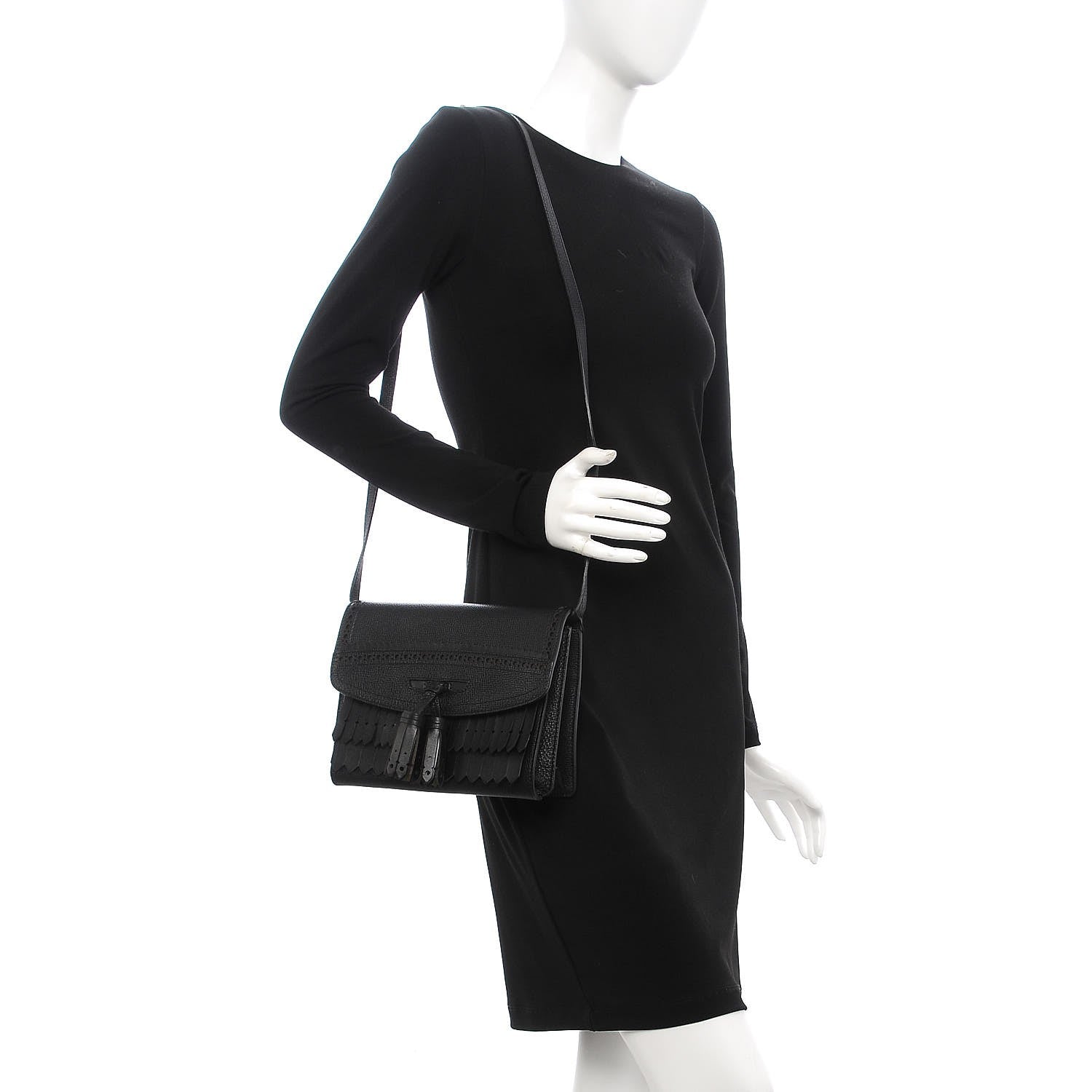 Burberry Grainy Calfskin Broguing Tassel Small Macken Crossbody Bag Black 2 of 8