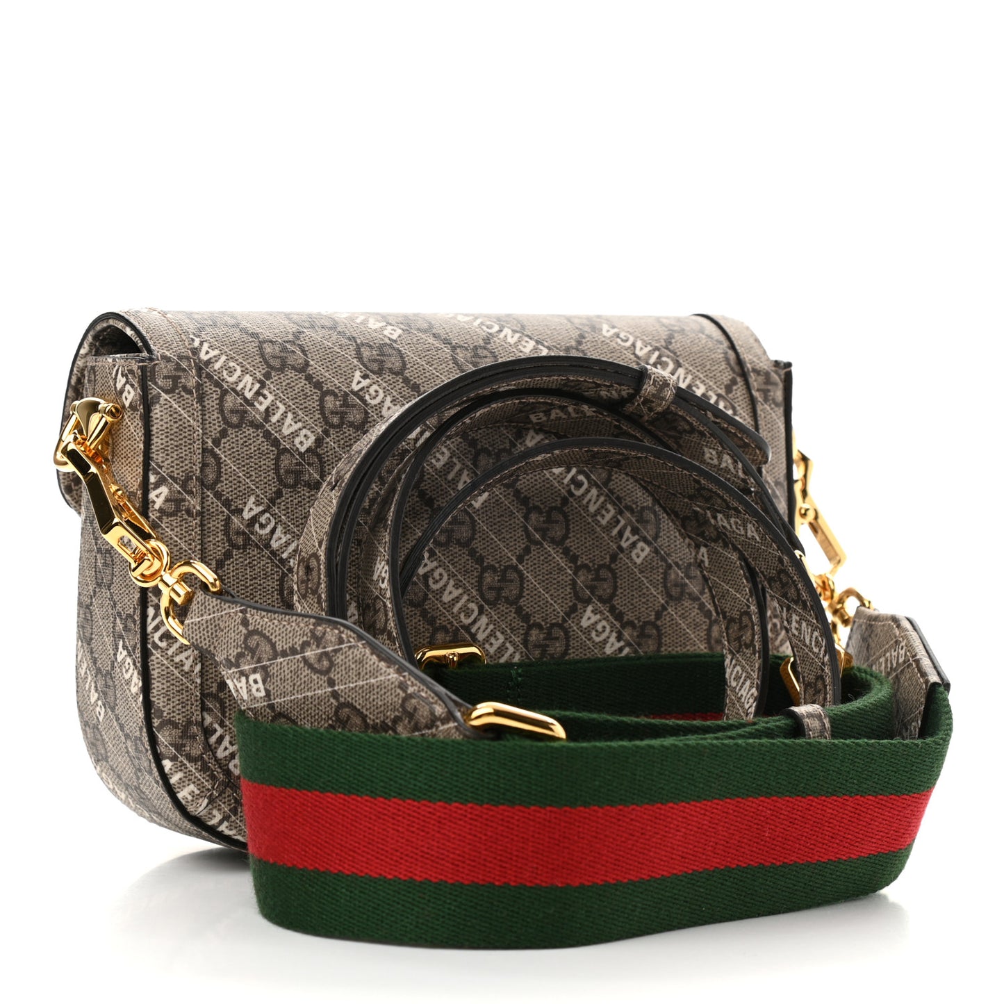 X BALENCIAGA GG Supreme Monogram Web Logo Print Mini Horsebit 1955 Shoulder Bag Beige Ebony