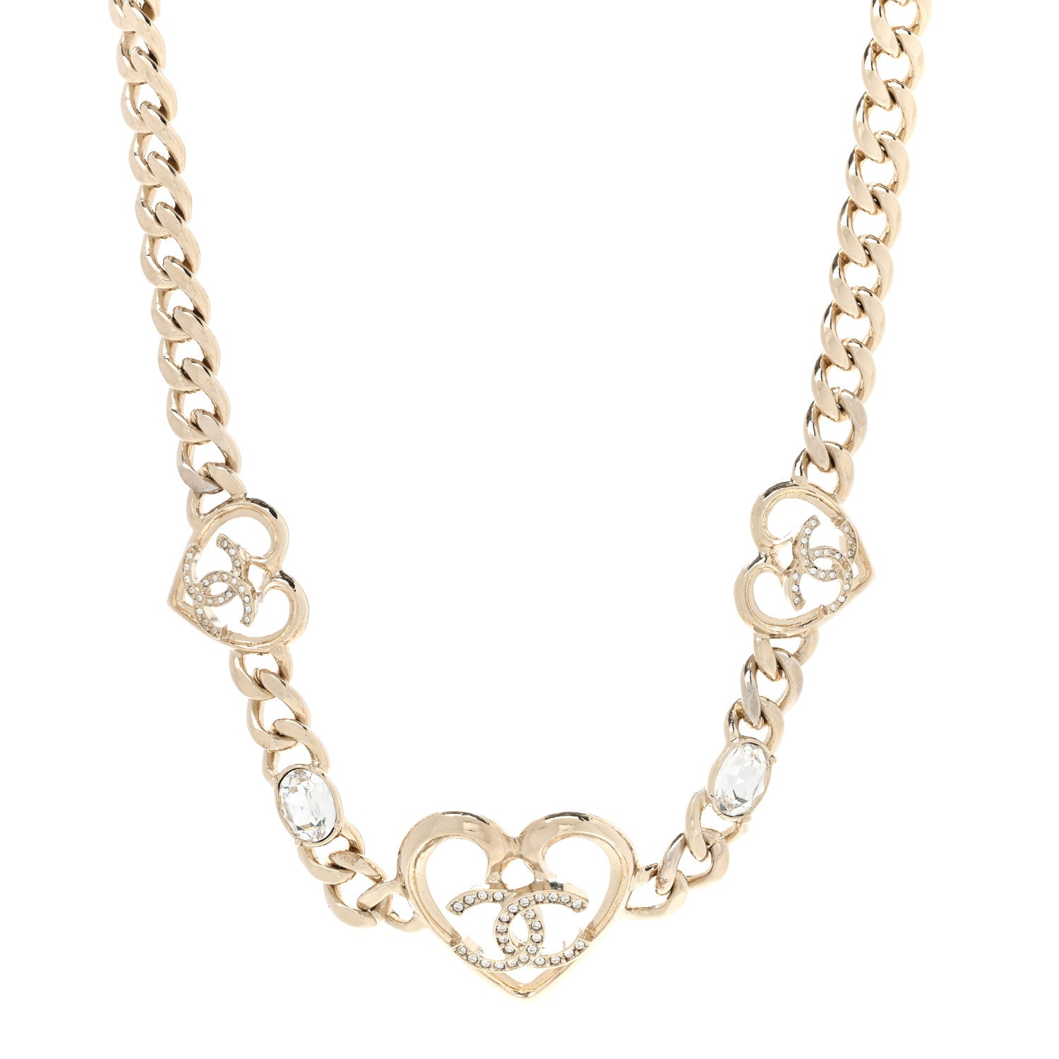 Chanel Metal Crystal Heart CC Chain Necklace Gold 1 of 7