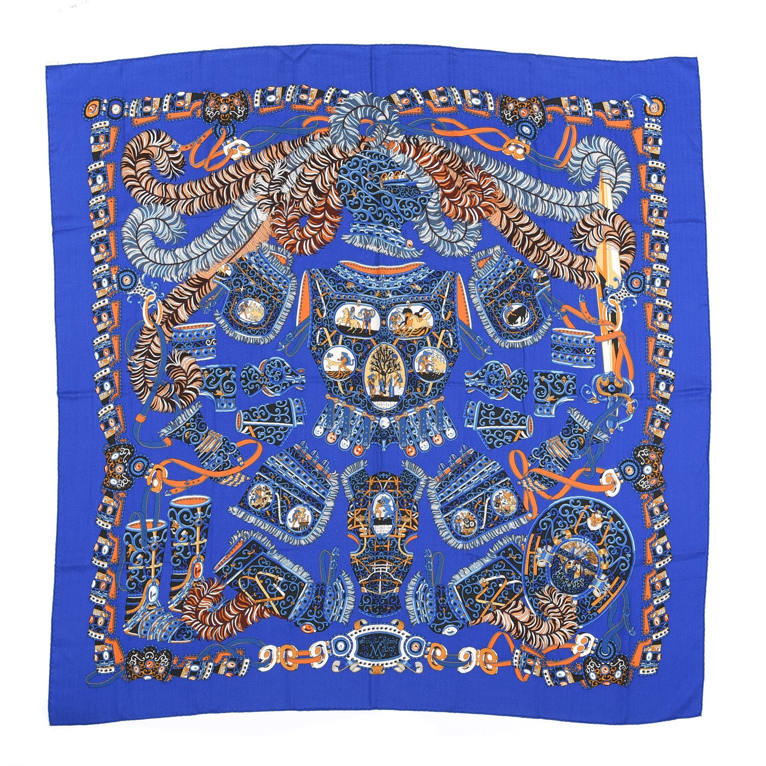Hermes Cashmere Silk Sous L Egide De Mars Shawl 140 Bleu Royal Orange 1 of 6